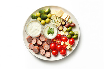 Appetizers boards with assorted cheese, meat, grape, olives and nuts. Charcuterie and cheese platter. Top view on white background