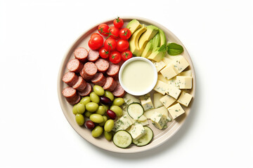 Appetizers boards with assorted cheese, meat, grape, olives and nuts. Charcuterie and cheese platter. Top view on white background