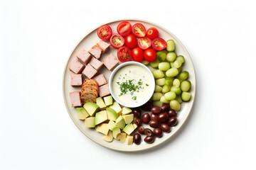 Appetizers boards with assorted cheese, meat, grape, olives and nuts. Charcuterie and cheese platter. Top view on white background