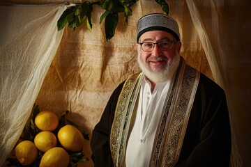 Portrait of Middle-Aged Jewish Man in Traditional Clothing with Lemons and Fabric Background