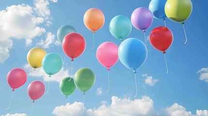 ballons with strings flying in wide line at the sky, colorful, happy, fun, side view angle 