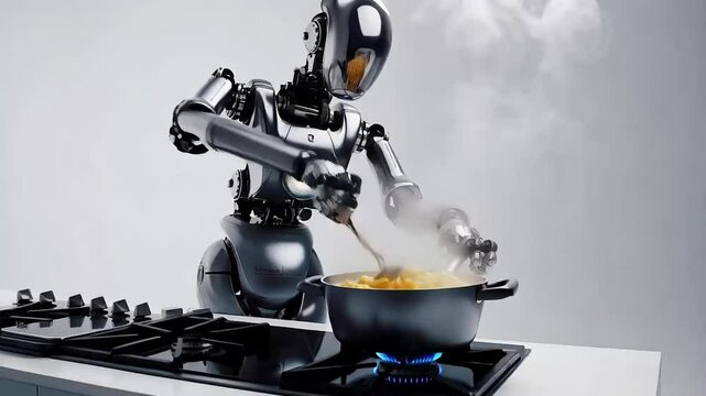 Futuristic Robot Chef Cooking with Fire and Steam on White Background