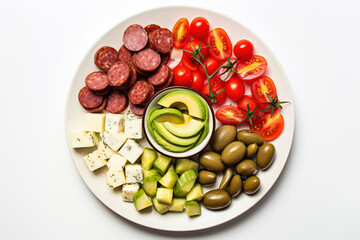 Appetizers boards with assorted cheese, meat, grape, olives and nuts. Charcuterie and cheese platter. Top view on white background