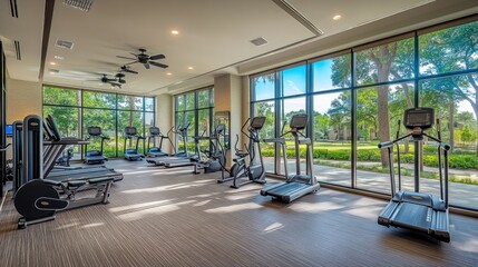 A state-of-the-art fitness center with floor-to-ceiling windows overlooking a lush green park, equipped with the latest exercise machines and amenities.