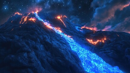 Naklejka premium An aerial view of blue lava cascading down a volcanic slope under starry skies