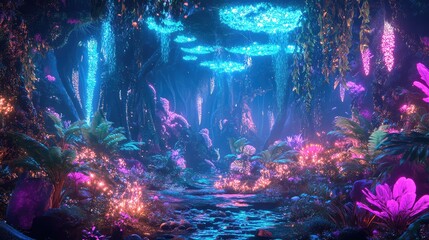 Naklejka premium An alien jungle filled with strange, luminous plants and vibrant wildlife