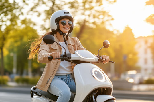 young indian woman wearing helmet and riding electric scooter - Powered by Adobe
