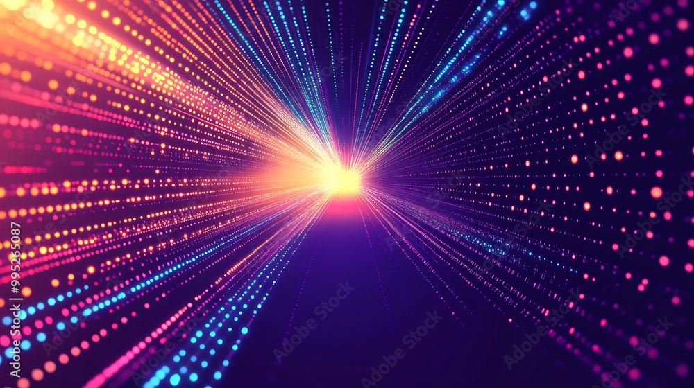 Poster abstract colorful light tunnel with glowing particles.
