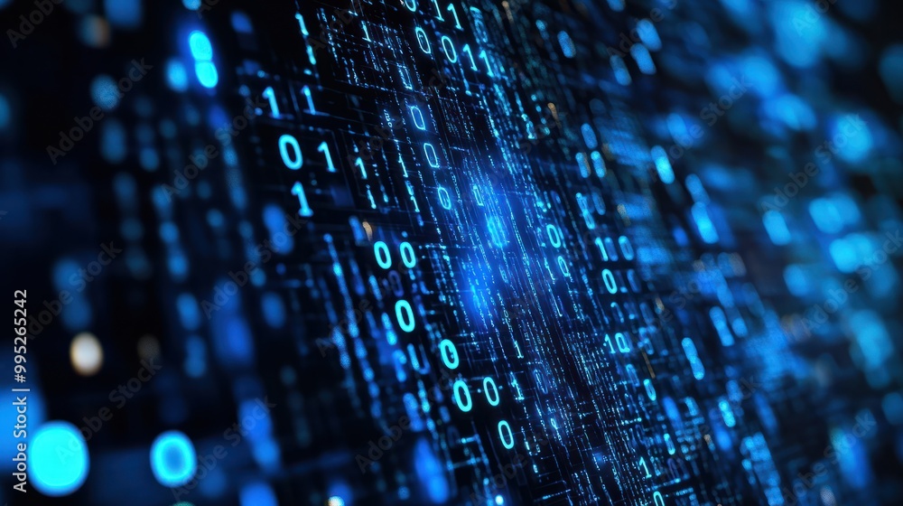 Aufkleber blue digital binary data on computer screen background