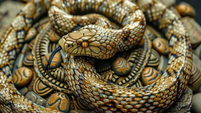 Snake lounging gracefully atop an ancient artifact adorned with intricate designs
