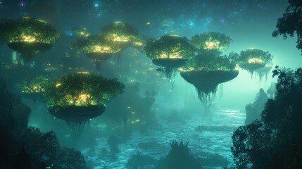 Fototapeta premium An alien ocean with strange floating islands covered in glowing plants