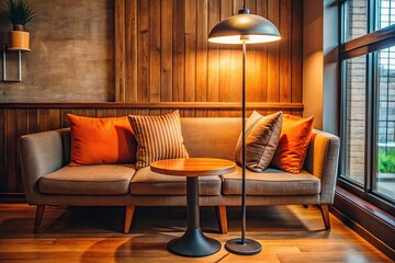 Cozy corner cafe interior with sofa, orange pillow, and floor lamp