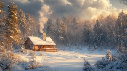Cozy Cabin in a Snowy Forest at Sunset