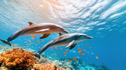 Fototapeta premium Graceful Dolphins Swimming in Vibrant Coral Reef