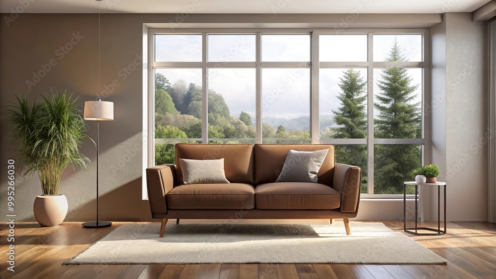 Wall mural cozy living space with brown couch armchair and wide window silhouette