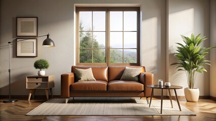 Fototapeta premium Cozy living room with brown couch, armchair, and large window