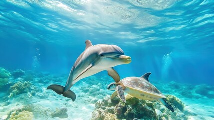 Dolphin and Turtle Swimming in Clear Ocean Waters