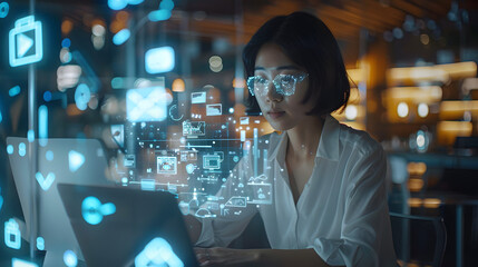 Beautiful Short Haired Project Manager Working on Computer in Office. Augmented Reality Social Media Icons Appear From Worker's Laptop. Internet of Things, Connectivity and Online