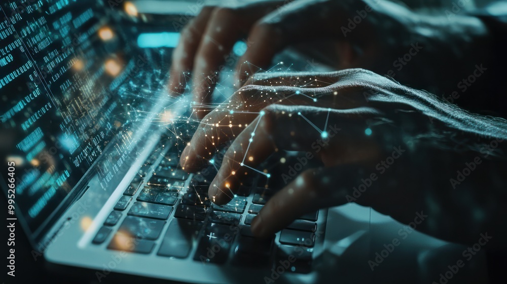 Poster close-up of a software engineer's hands working on a laptop with a digital overlay of global connect
