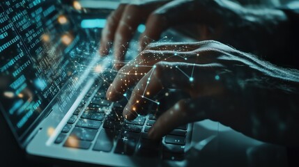 Close-up of a software engineer's hands working on a laptop with a digital overlay of global connections and binary code, showcasing the integration of advanced technology in IT support