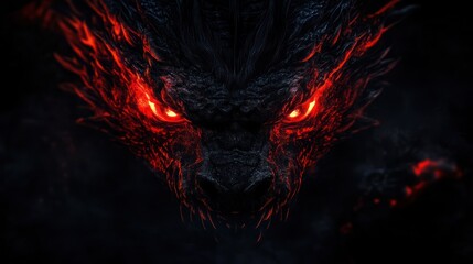 Fototapeta premium A fierce dragon's head with glowing red eyes, exuding a dark and menacing aura.