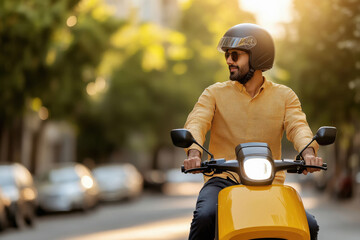 young indian man wearing helmet and riding scooter