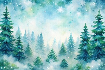 Obraz premium Cozy winter watercolor background with fir trees