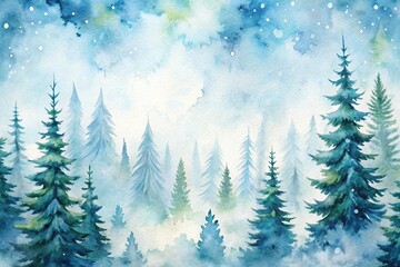 Fototapeta premium Cozy winter watercolor background with high angle view of fir trees