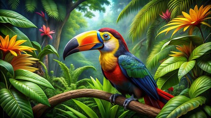 Fototapeta premium In a thriving tropical habitat, a bright rainforest animal flourishes amid dense greenery, showcasing the beauty of its