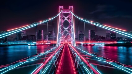 Obraz premium Neon bridge at night futuristic bridge 