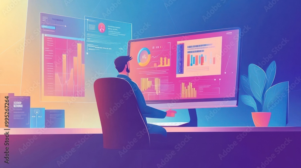 Aufkleber digital business web concept in flat design. man analyzing financial data infographic, develops and 