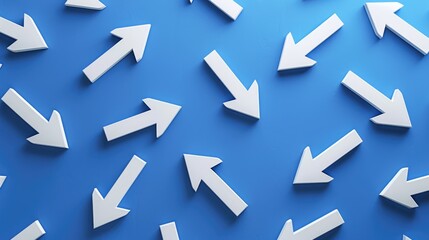 Multiple white arrows pointing in various directions on a blue background. Concept of choice, decisions, paths, and directions in life.