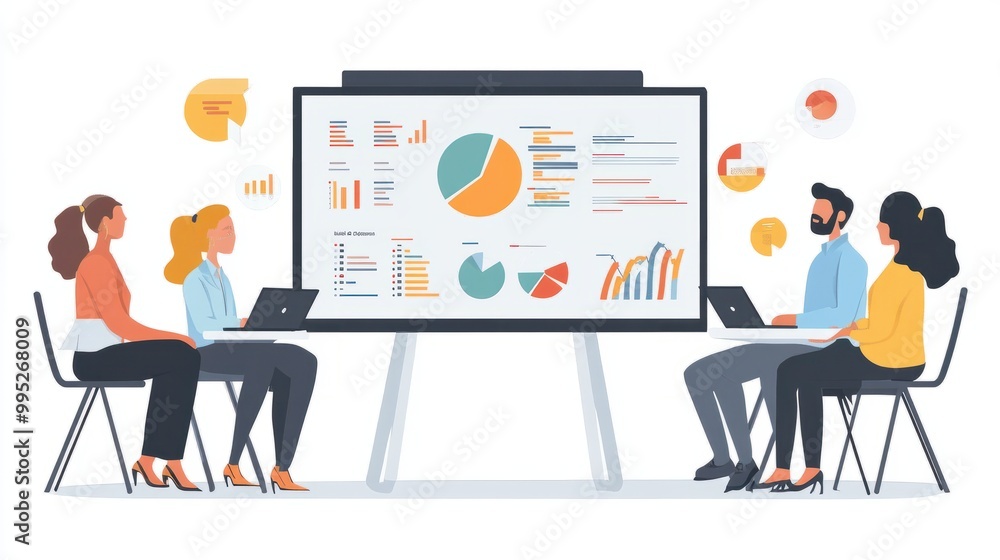 Aufkleber flat design showing a business presentation on a whiteboard with a group of workers.