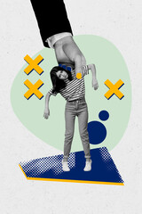 Vertical collage picture young woman marionette doll hand body fragment hold puppet manipulation...