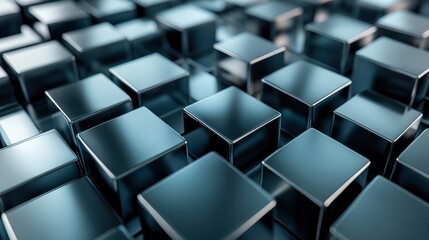 Naklejka premium Grey, Glossy Cubes Neatly Aligned to create a Innovative Tech Wallpaper. 3D Render.