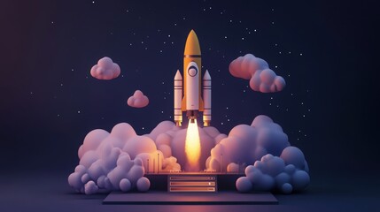Fototapeta premium 3D illustration of a new product or service launch, incorporating a space rocket launch and technology development process as key visual elements