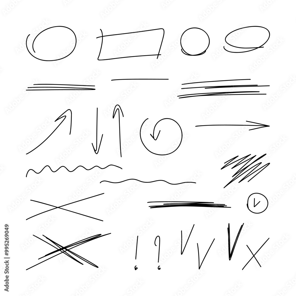 Poster a set of simple selection elements, marks, borders, arrows, underscores are hand-drawn with a marker