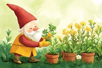 Obraz premium A Gnome's Garden Tending to Flowers and Plants.