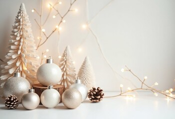 Fototapeta premium A minimalist Christmas background with Scandinavian-style decorations, including neutral-colored ornaments, wooden accents, and soft glowing light