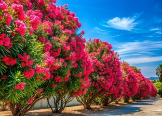 In full bloom, oleander trees paint the landscape with vibrant hues, their colors striking against a radiant blue