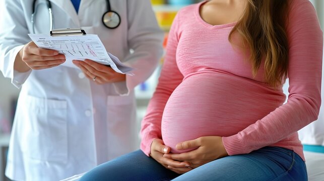 Pregnant woman at medical appointment, discussing with doctor holding a clipboard.