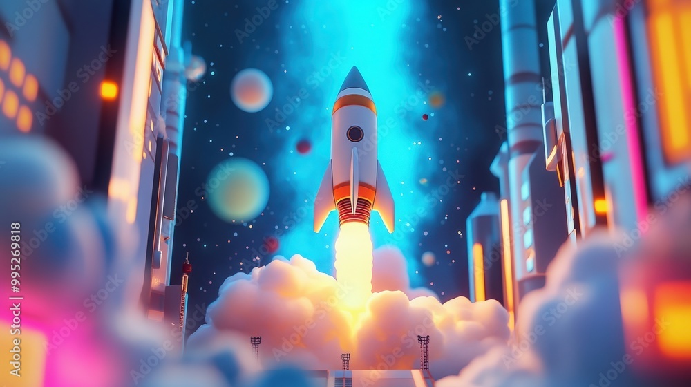 Poster 3d illustration of a space rocket launch representing the innovative launch of a new product or serv