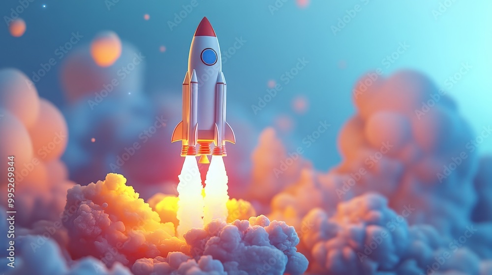 Poster 3d illustration of a space rocket launch representing the innovative launch of a new product or serv