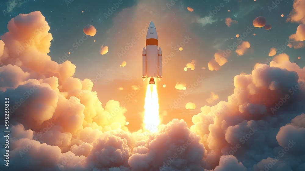 Poster 3d illustration of a space rocket launch representing the innovative launch of a new product or serv