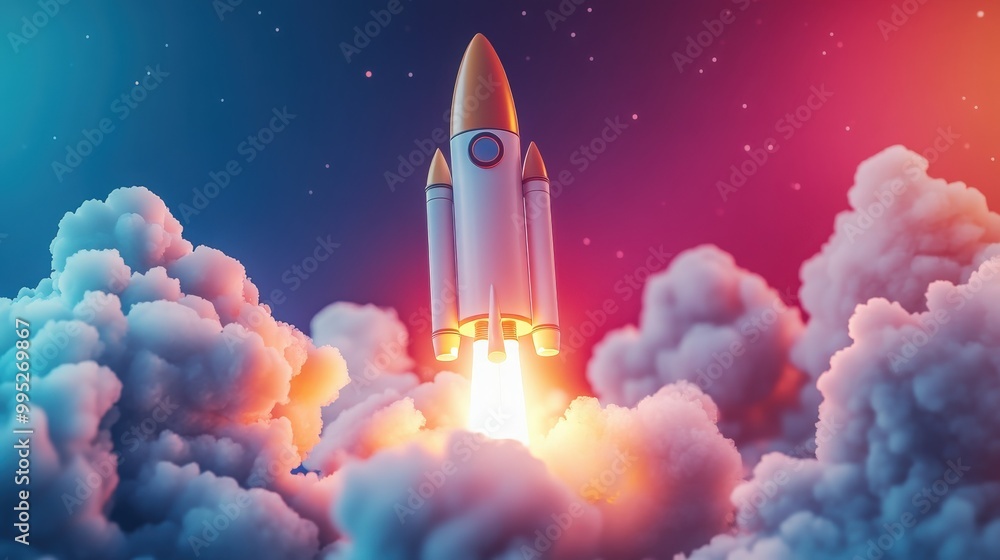 Poster 3d illustration of a space rocket launch representing the innovative launch of a new product or serv