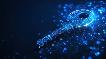 key on blue background, safety and data protection in the online and cyber concept, digital asset and blockchain technology security