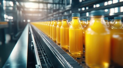 Modern production line for bottling and packaging natural juices and drinks. Concept of an industrial juice bottling plant, conveyor with juice.