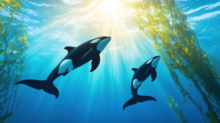 Orcas Swimming in Vibrant Underwater Environment