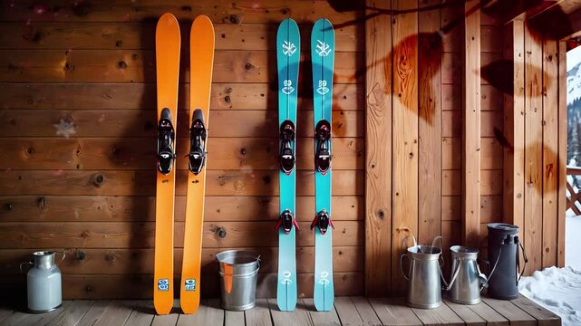 Two pairs of skis hanging on wooden wall with a bucket and milk jugs in front. Seamless looping 4k time-lapse virtual background