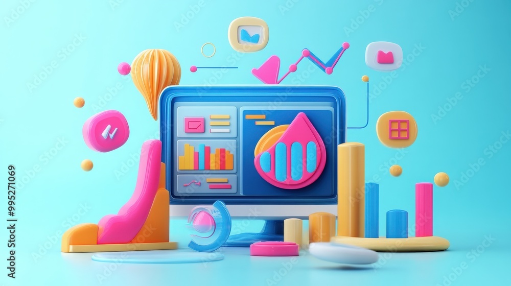 Poster 3d illustration of seo optimization and web analytics, featuring digital marketing elements, data vi
